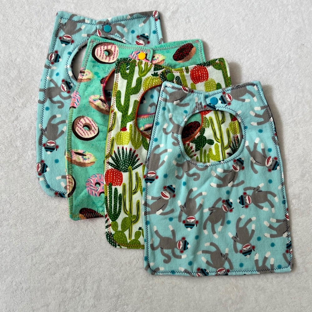 Handmade Baby Bibs Multicolor Flannel Sock Monkey Cactus Donut Plaid Set of 4 OS